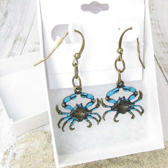 Marimeg Curio Closet Jewelry - Brass Chesapeake Blue Crab Earrings